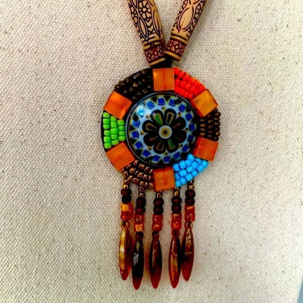 Boho Beaded Medallion Necklace Earthy Western Style